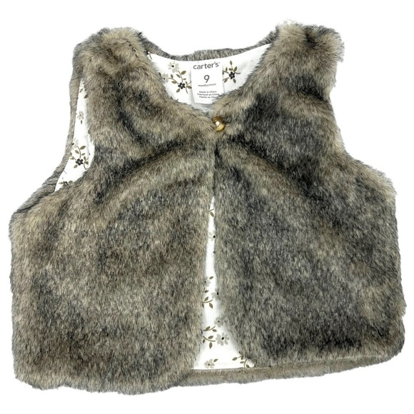CARTERS Brown & Gray Lined Faux Fur Sleeveless Vest Jacket Size 9 Months - Picture 1 of 6